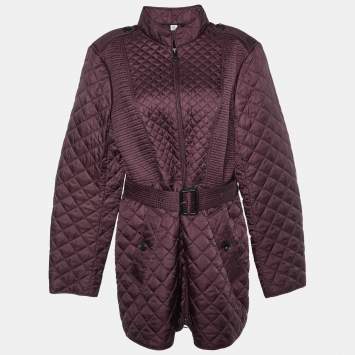 Pre Owned Burberry Burgundy Quilted Belted Long Jacket L