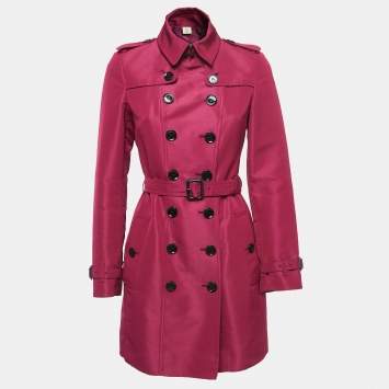 Pre Owned Burberry Dark Pink Silk Blend Double Breasted Trench Coat S