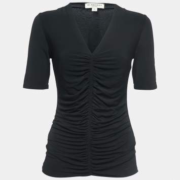 Pre Owned Burberry Black Jersey Knit Ruched V-Neck Top S