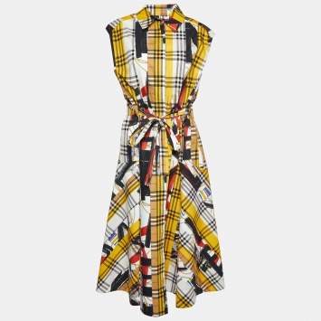 Pre Owned Burberry Multicolor Printed Cotton Belted Sleeveless Midi Dress M