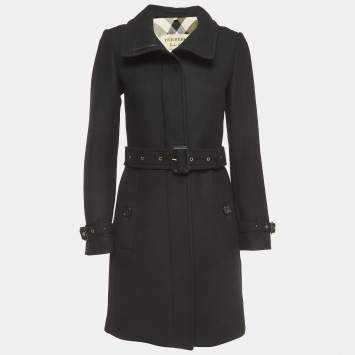Pre Owned Burberry Black Wool Blend Single Breasted Belted Trench Coat S