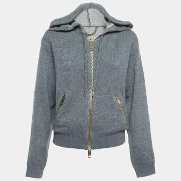 Pre Owned Burberry Grey Cashmere Blend Knit Zip Front Hooded Jacket M