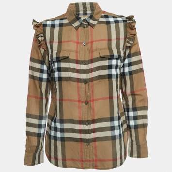 Pre Owned Burberry Brown Nova Check Cotton Ruffle Detail Shirt M