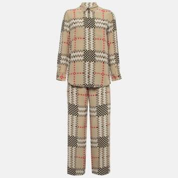 Pre Owned Burberry Beige Pixel Check Silk Shirt and Pants Set S/M