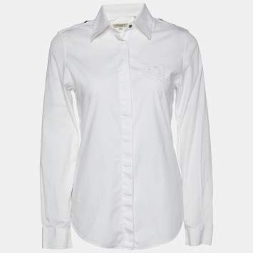 Pre Owned Burberry White Cotton Logo Embroidered Long Sleeve Shirt S