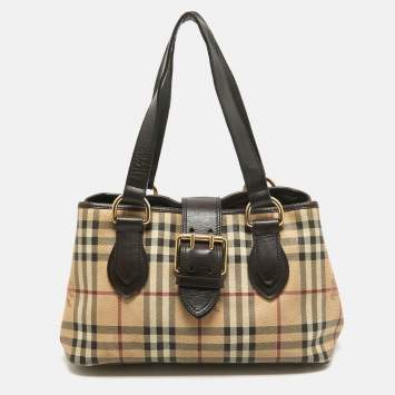 Pre Owned Burberry Beige/Brown Haymarket PVC and Leather Buckle Flap Tote