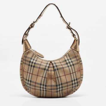 Pre Owned Burberry Gold/Beige Haymarket Coated Canvas Hobo