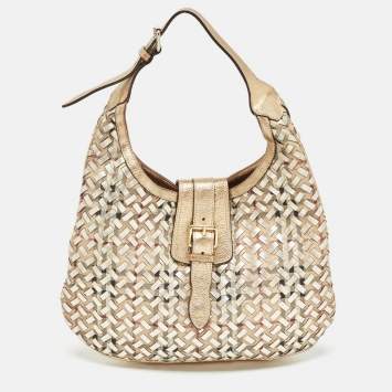 Pre Owned Burberry Gold/Beige Haymarket Check PVC and Leather Woven Brooke Hobo