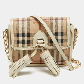 Pre Owned Burberry Off White/Beige Haymarket Coated Canvas Tassel Crossbody Bag