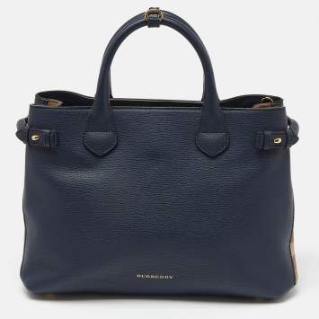 Pre Owned Burberry Blue/Beige Leather and House Check Canvas Medium Banner Tote