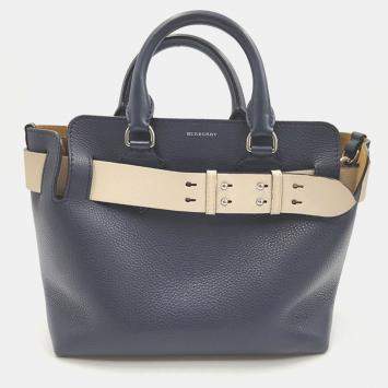 Pre Owned Burberry Navy Blue Leather Small Belt Tote Bag
