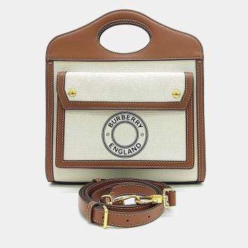 Pre Owned Burberry White/Brown Canvas/Leather Logo Print Mini Crossbody Bag