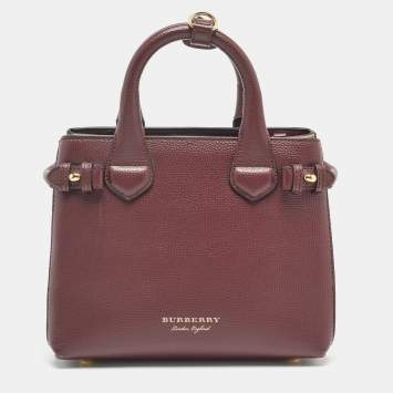 Pre Owned Burberry Burgundy/Beige House Check Fabric and Leather Mini Banner Tote