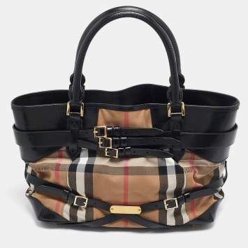 Pre Owned Burberry Black House Check Canvas and Leather Medium Bridle Lynher Tote