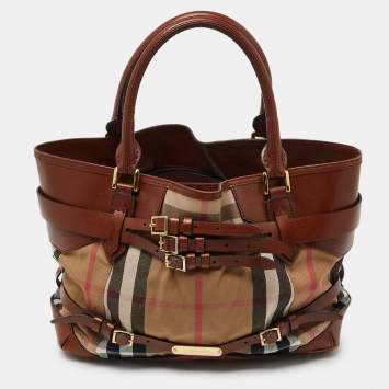 Pre Owned Burberry Beige/Brown House Check Canvas and Leather Medium Bridle Lynher Tote