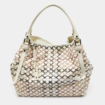Pre Owned Burberry Beige House Check Canvas and Patent Leather Tote