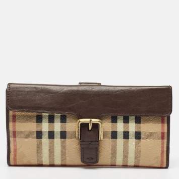 Pre Owned Burberry Brown/Beige Haymarket PVC and Leather Buckle Flap Continental Wallet
