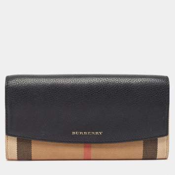 Pre Owned Burberry Black/Beige House Check Canvas and Leather Flap Continental Wallet