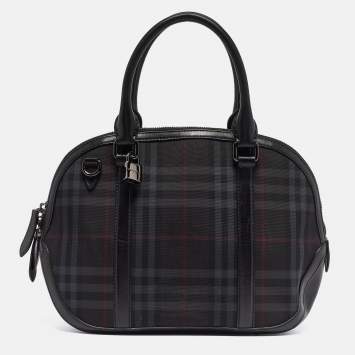 Pre Owned Burberry Black Haymarket Check Nylon and Leather Orchard Bag