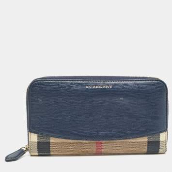Pre Owned Burberry Navy Blue/Beige House Check Canvas and Leather Zip Continental Wallet