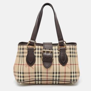 Pre Owned Burberry Brown/Beige Haymarket Coated Canvas and Leather Eden Tote
