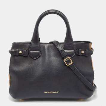 Pre Owned Burberry Black/Beige Leather and House Check Fabric Small Banner Tote