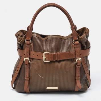 Pre Owned Burberry Two Tone Brown Leather Stitched Bridle Tote