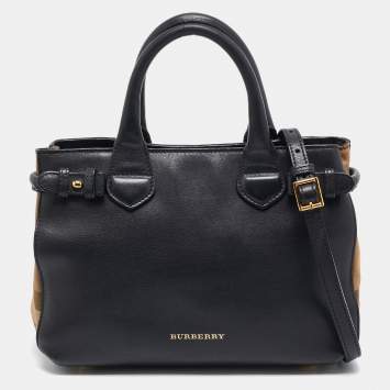 Pre Owned Burberry Black/Beige Leather and House Check Fabric Small Banner Tote