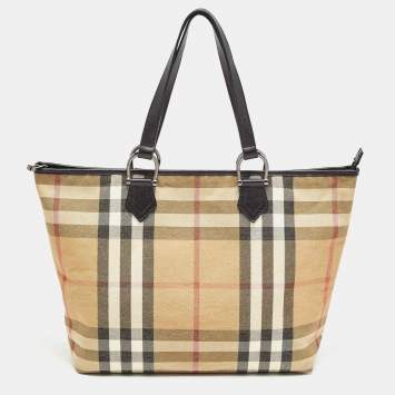 Pre Owned Burberry Beige/Black House Check Shimmer Fabric and Leather Nickie Tote