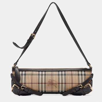 Pre Owned Burberry Brown/Beige Haymarket Coated Canvas and Leather Stipe Long Shoulder Bag