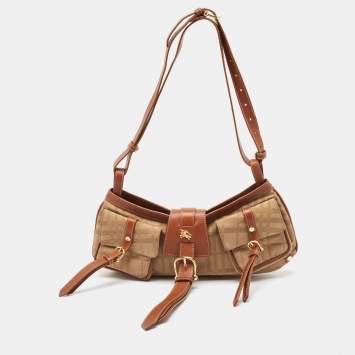 Pre Owned Burberry Beige/Brown Check Fabric and Leather Double Pocket Shoulder Bag