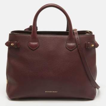 Pre Owned Burberry Burgundy/Beige Leather and House Check Fabric Medium Banner Tote