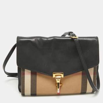 Pre Owned Burberry Black/Beige House Check Fabric and Leather Small Macken Crossbody Bag
