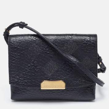 Pre Owned Burberry Black Embossed Check Leather Small Langley Crossbody Bag