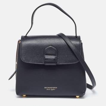 Pre Owned Burberry Black/Beige Leather and House Check Fabric Small Camberley Top Handle Bag
