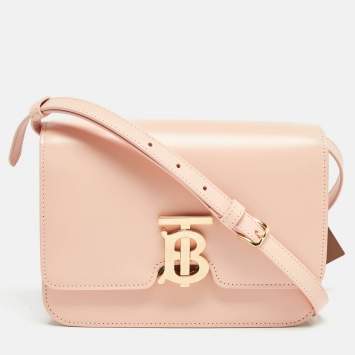 Pre Owned Burberry Peach Pink Leather Small TB Shoulder Bag