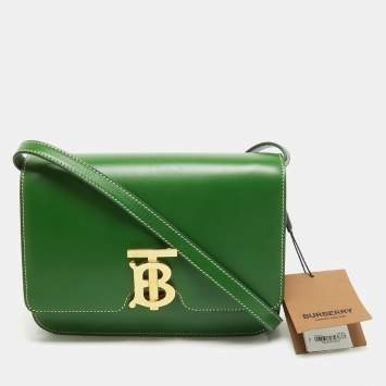 Pre Owned Burberry Green Leather Small TB Shoulder Bag