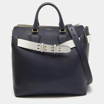Pre Owned Burberry Navy Blue/White Leather Large Belt Bag