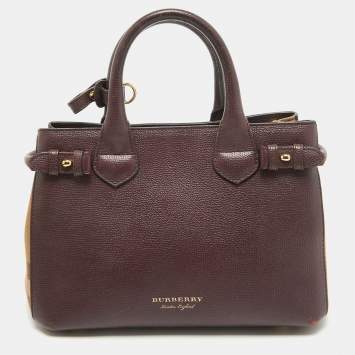 Pre Owned Burberry Burgundy Leather and House Check Fabric Small Banner Tote