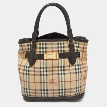 Pre Owned Burberry Beige/Brown Haymarket Check PVC and Leather Medium Golderton Tote