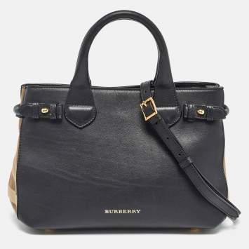 Pre Owned Burberry Black/Beige Leather and House Check Canvas Small Banner Tote