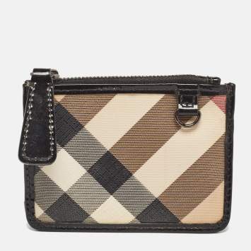 Pre Owned Burberry Beige/Black Nova Check PVC and Patent Leather Zip Coin Purse