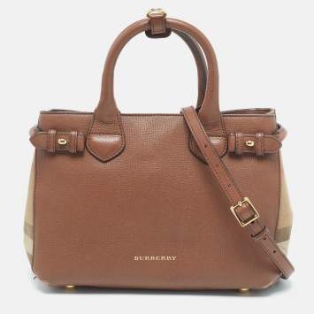 Pre Owned Burberry Brown Leather and House Check Fabric Small Banner Tote