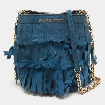 Pre Owned Burberry Blue Suede Mini Fringe Bucket Bag