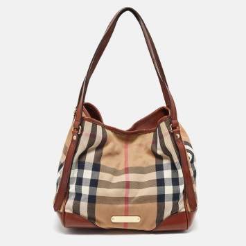 Pre Owned Burberry Brown Leather, Canvas Canterbury Totes