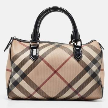 Pre Owned Burberry Black/Beige Nova Check Medium PVC and Patent Leather Chester Boston Bag