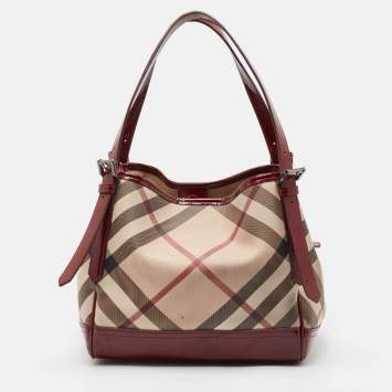 Pre Owned Burberry Burgundy/Beige Nova Check PVC and Patent Leather Canterbury Tote