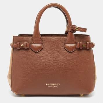 Pre Owned Burberry Brown/Beige Leather and House Check Fabric Small Banner Tote