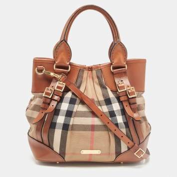 Pre Owned Burberry Brown House Check Fabric and Leather Bridle Tote