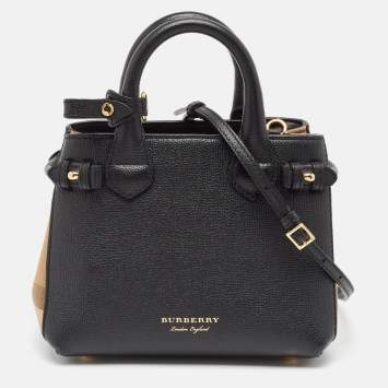 Pre Owned Burberry Black/Beige House Check Fabric and Leather Mini Banner Tote
